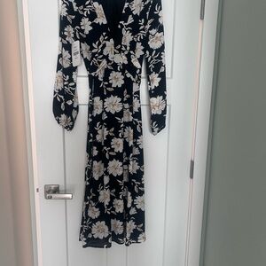 Black Floral Midi Wrap Dress with Cream Blooms